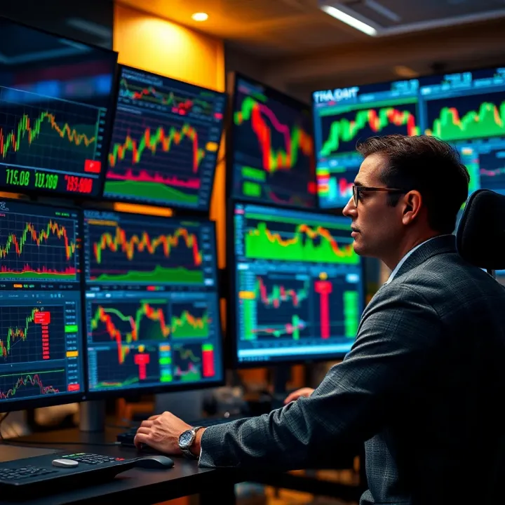 Advanced Market Analysis Tools for Forex Trading Trader analyzing multiple monitors featuring currency exchange rates and technical indicators