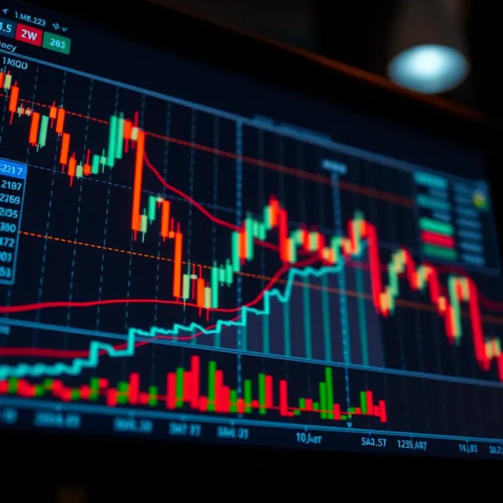 Graph displaying upward and downward trends with binary option trading indicators