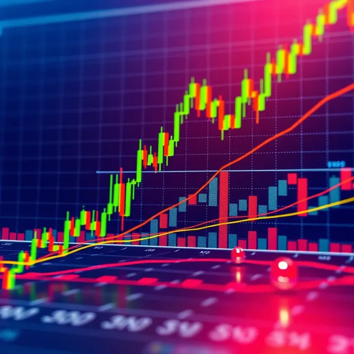 Graph showing ascending trend lines and binary options trading indicators