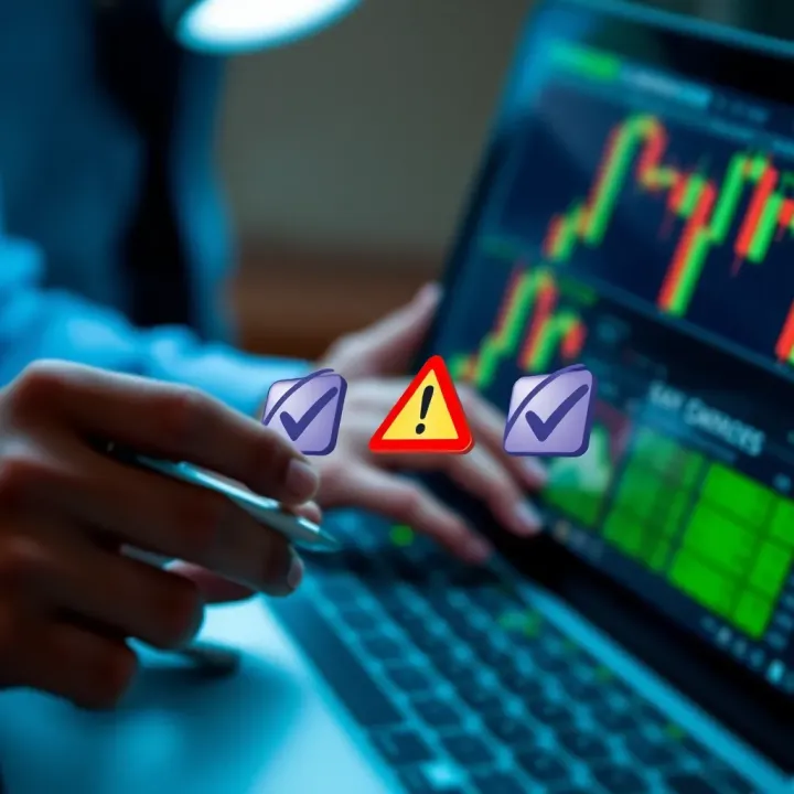 Conceptual graphic showing evaluation of trading signals with checkmarks and caution symbols