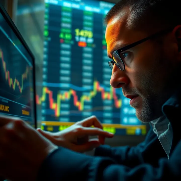 Close-up of a character analyzing complex currency market data with intense focus, reflecting the challenges of forex trading