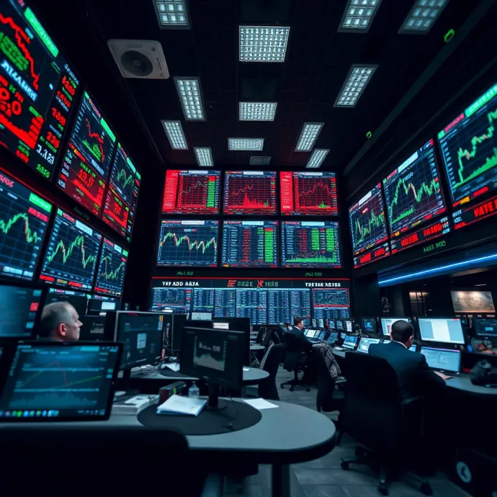 Scene from a movie portraying a dynamic forex trading floor with multiple screens displaying currency charts and graphs