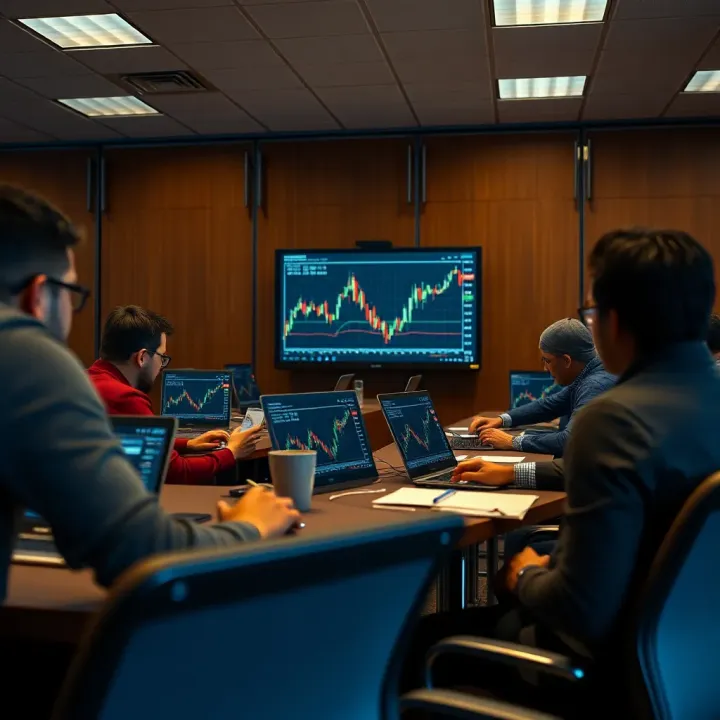 Classroom setting with students engaged in forex trading lessons on laptops