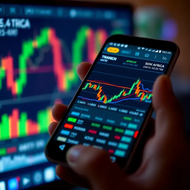 Smartphone displaying a financial trading app interface with charts and market data in South Africa