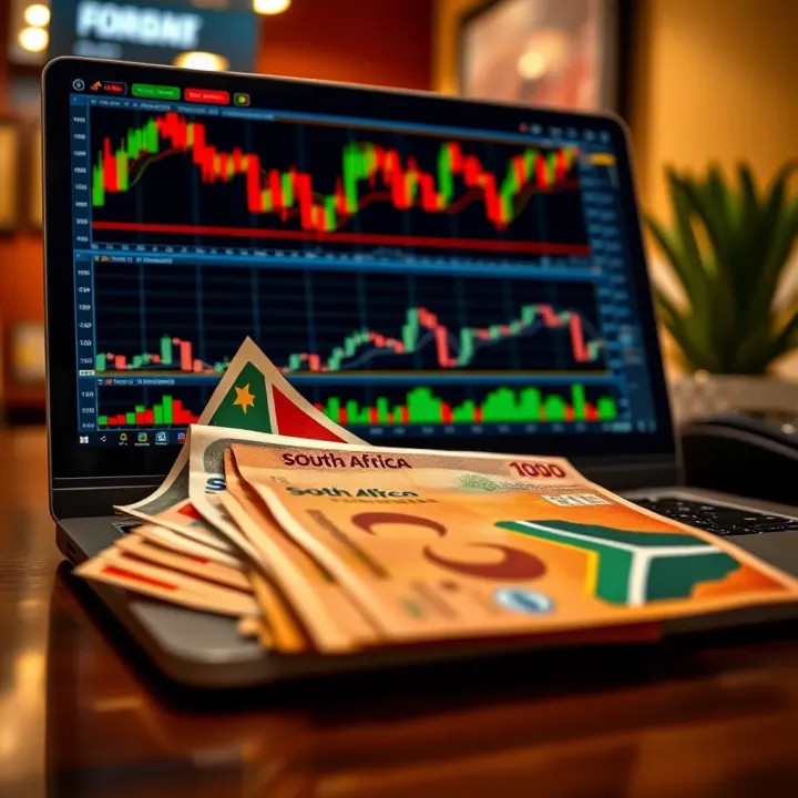 Illustration of a laptop displaying forex market charts alongside South African currency notes