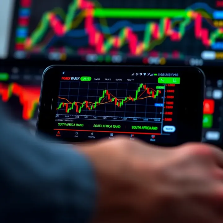 Mobile device showing forex demo trading platform with South African rand and market indicators