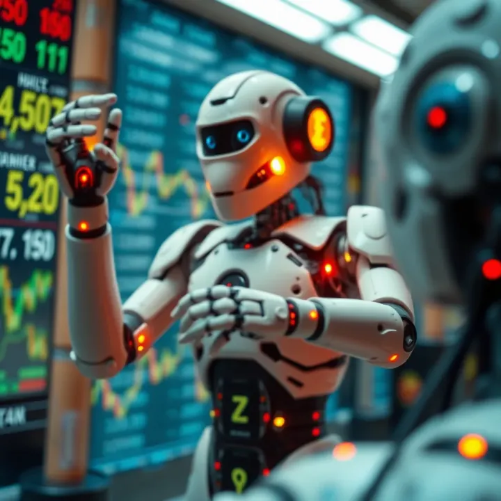 Visual representation of forex market dynamics with robotic technology interacting with currency symbols