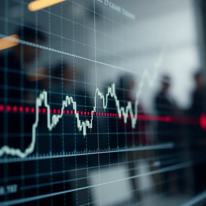 Graph showing currency exchange rate fluctuations with upward trend lines