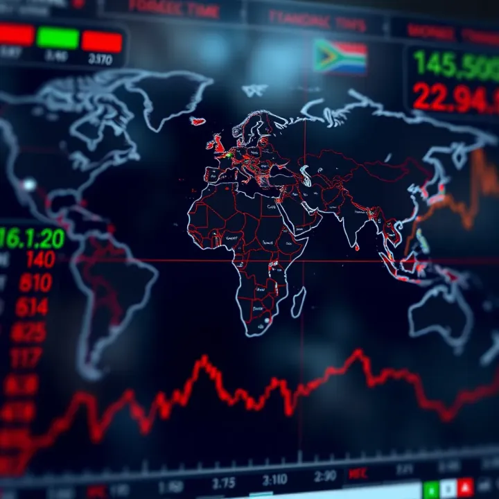 World map highlighting major forex trading sessions in relation to South African Standard Time