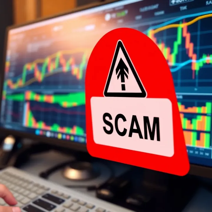 Illustration of a red warning sign next to a computer screen displaying forex trading charts indicating potential scam alert
