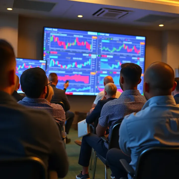 Group of individuals attending a forex trading seminar with charts and graphs displayed on screen