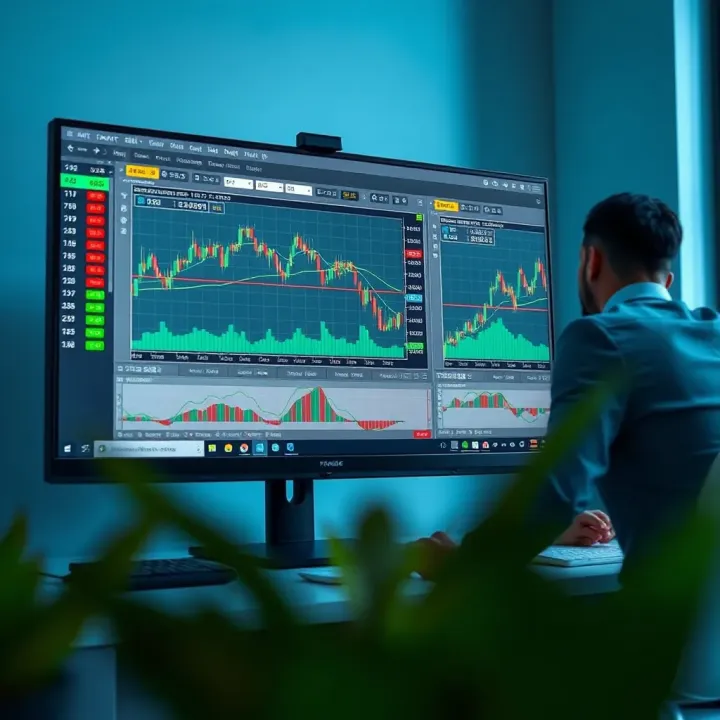 Simulated trading environment showing currency pairs and strategy testing modules on computer screen