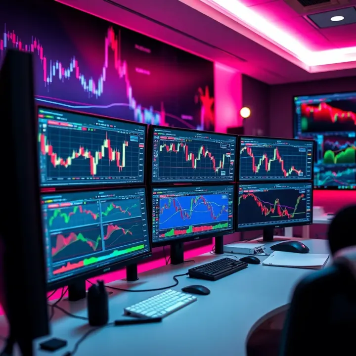 Modern trading desk setup featuring multiple monitors with forex charts and dynamic backgrounds