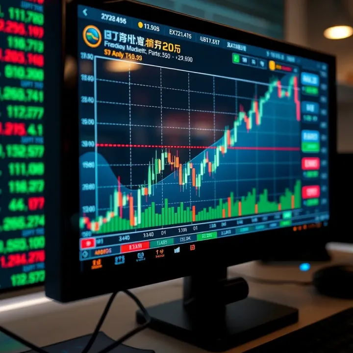 Forex Market Analysis and Chart Trends Chart showing upward trend and forex trading symbols on digital screen