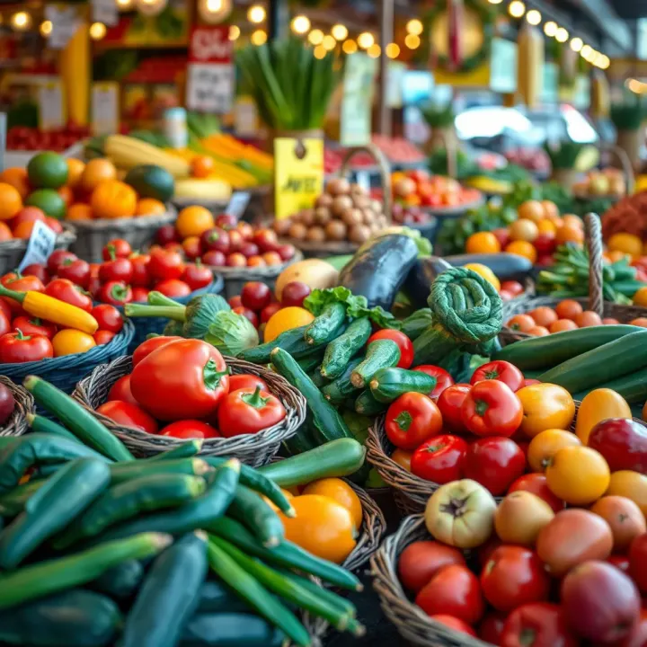 Colorful assortment of fresh vegetables and fruits arranged in market baskets