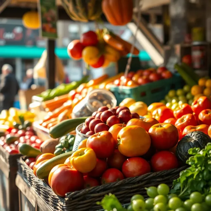 Fresh colorful fruits and vegetables displayed at a market stall with sunlight highlighting their vibrant hues