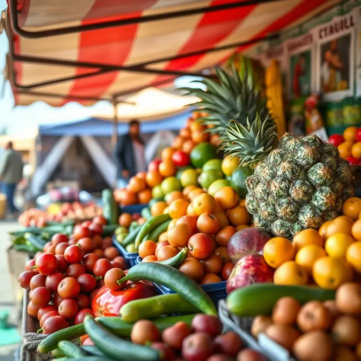 Colorful display of fresh fruits and vegetables at an outdoor market in Polokwane under clear daylight
