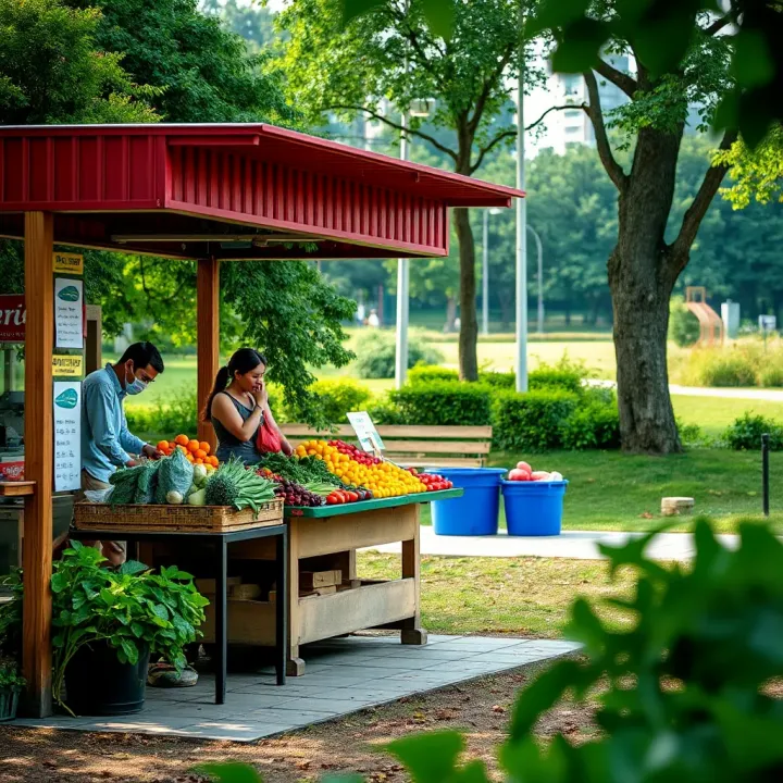 Fresh fruit and vegetable stand in a community park surrounded by greenery