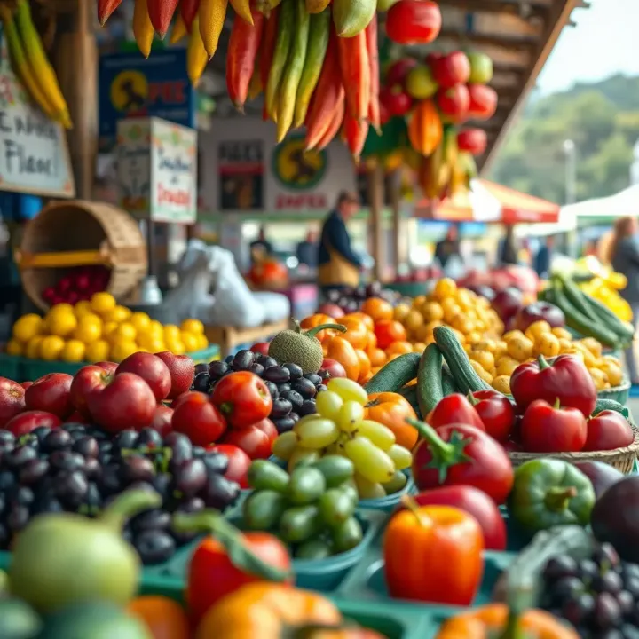 Fresh assortment of colorful fruits and vegetables at a vibrant market stall in Knysna