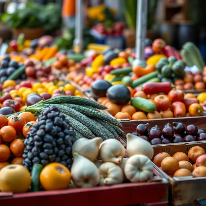 Colorful assortment of fruits and vegetables arranged neatly on wooden crates during market hours