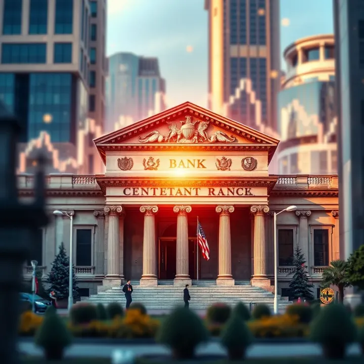 Illustration of central bank building with currency symbols and global geopolitical icons