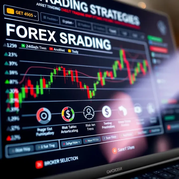 Graphic showing key forex trading strategies alongside risk management elements and broker selection icons