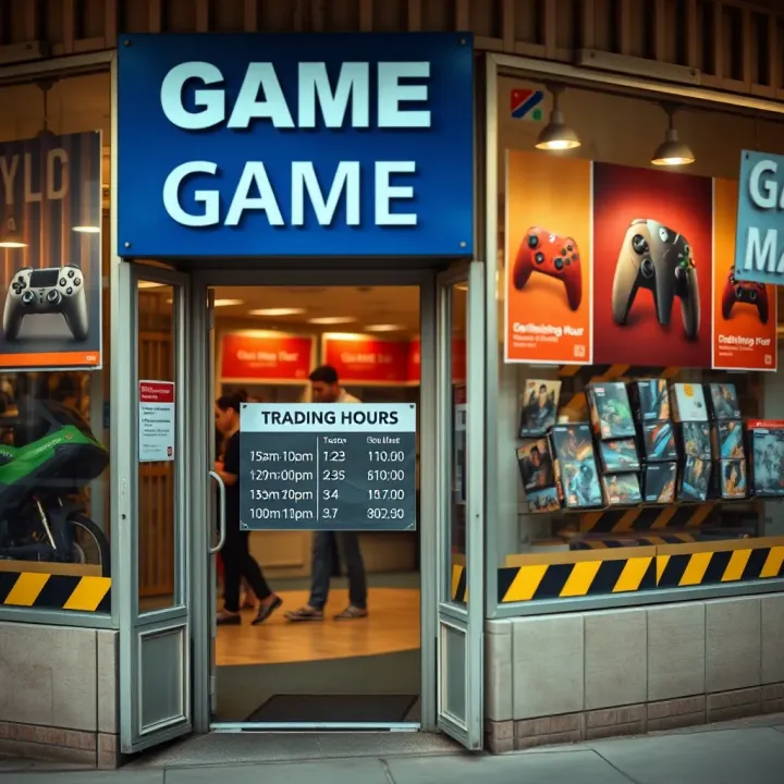Exterior view of a game store with a clear opening hours sign on the door in an urban South African setting
