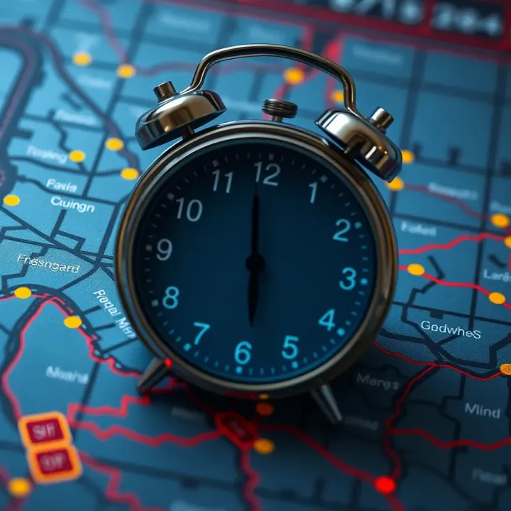 Clock displaying trading hours over a map of Bloemfontein highlighting game trading zones