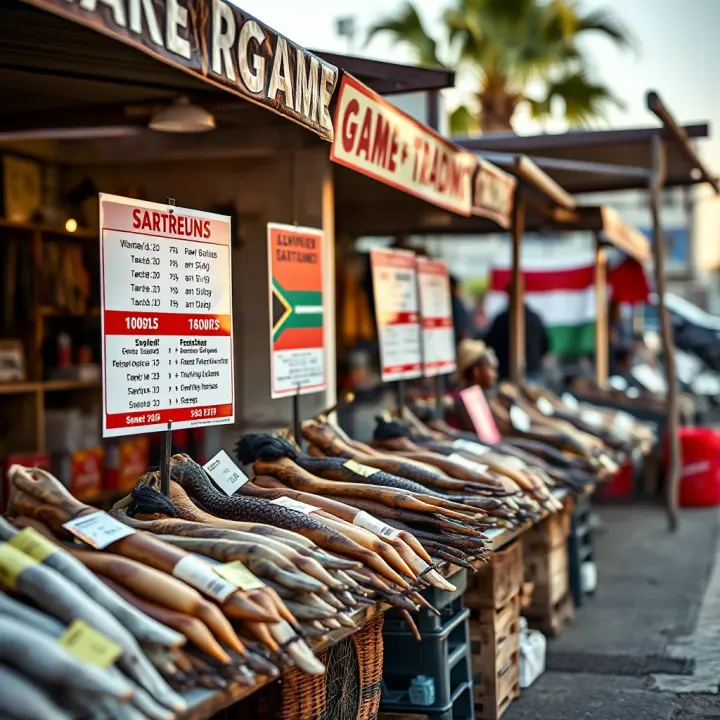 Game Trading Regulations and Prime Locations in Bloemfontein Outdoor market scene showing various game products with informational signs about local regulations