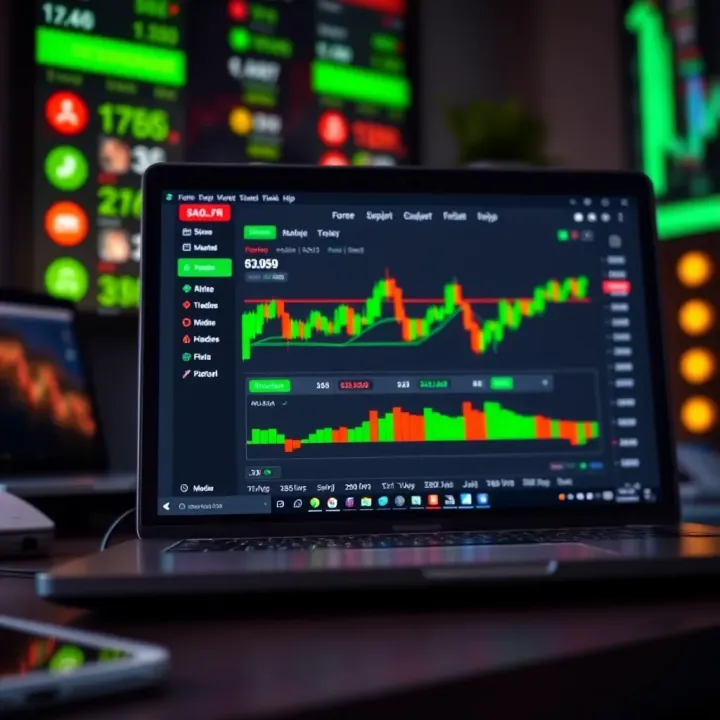Forex Demo Account Dashboard with Trading Tools Close-up of a laptop screen displaying a forex demo account dashboard with trading tools and indicators