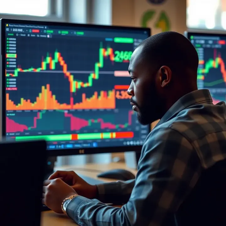 South African trader analyzing forex charts on a computer screen with financial data visible