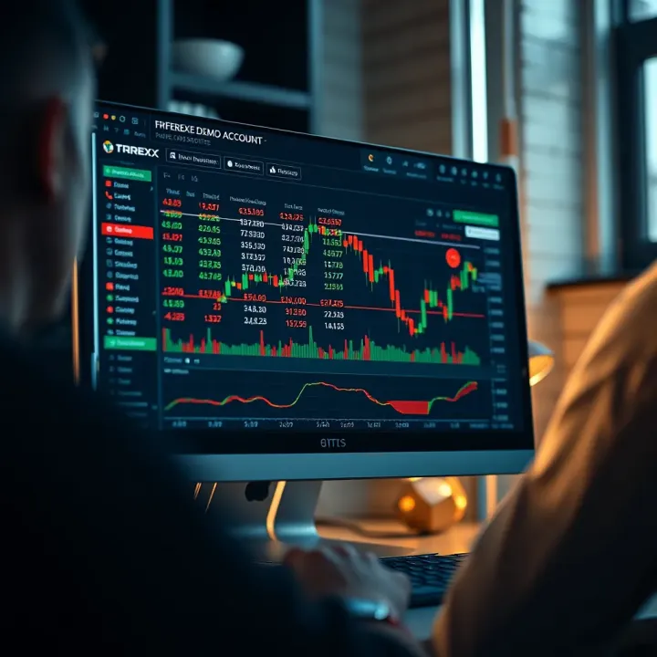 Illustration of a computer screen displaying a forex demo account setup with currency exchange rates and trading options