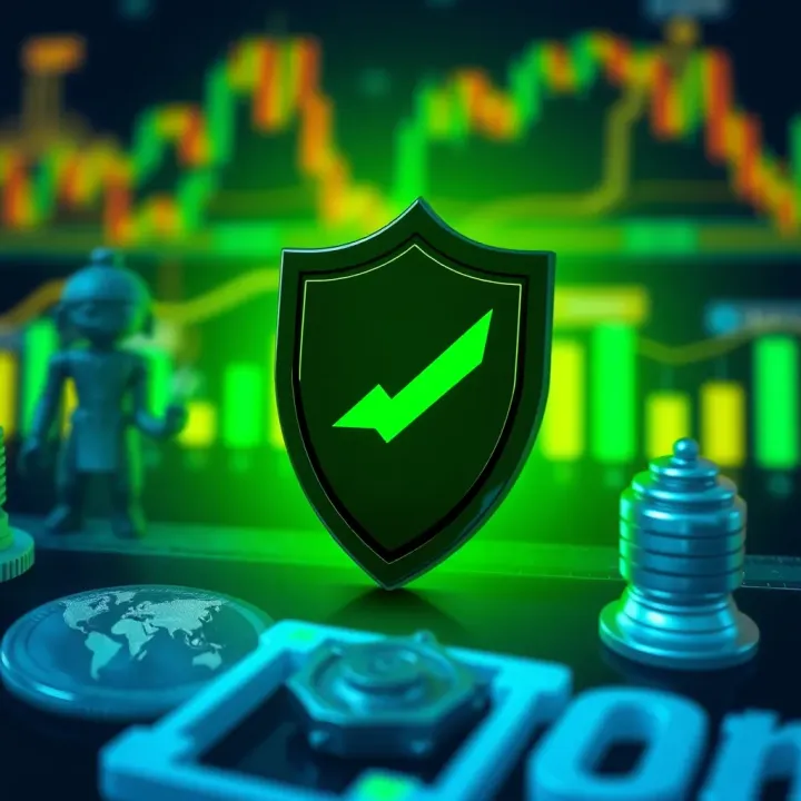 Investment Protection and Scam Prevention in Binary Options Conceptual graphic showing protection shield over financial investment symbols representing safe trading and scam prevention