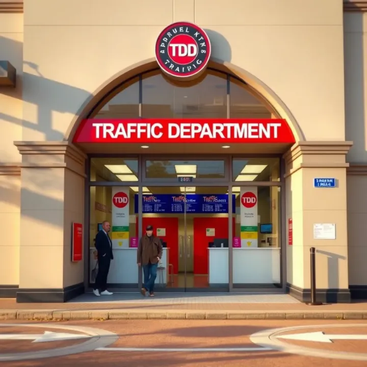 Entrance to the busy local traffic department with customer service counters visible