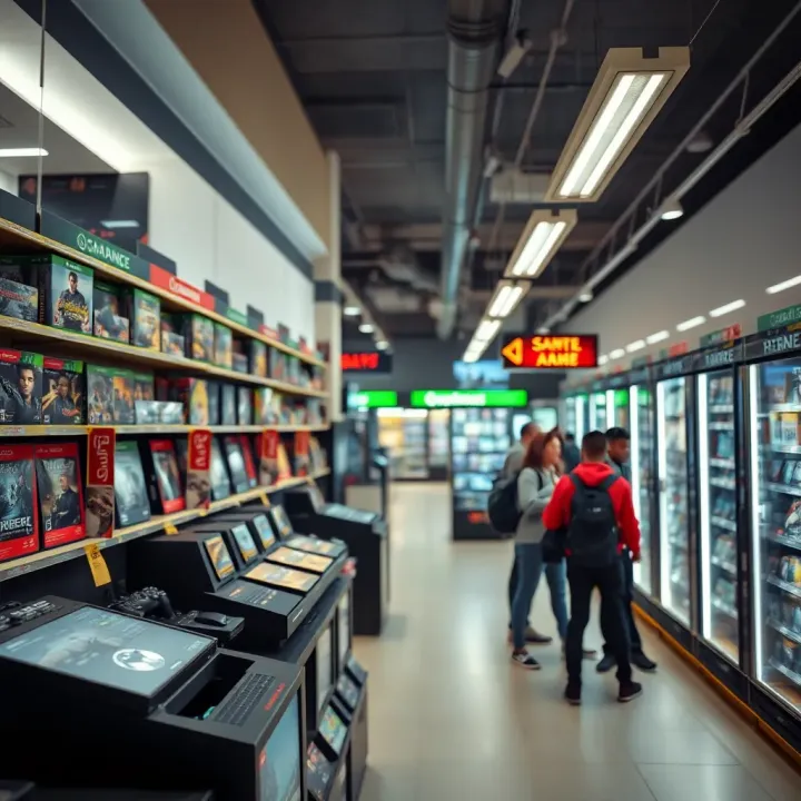 An interior of a game retail shop showing shelves stocked with video games and customers browsing during business hours