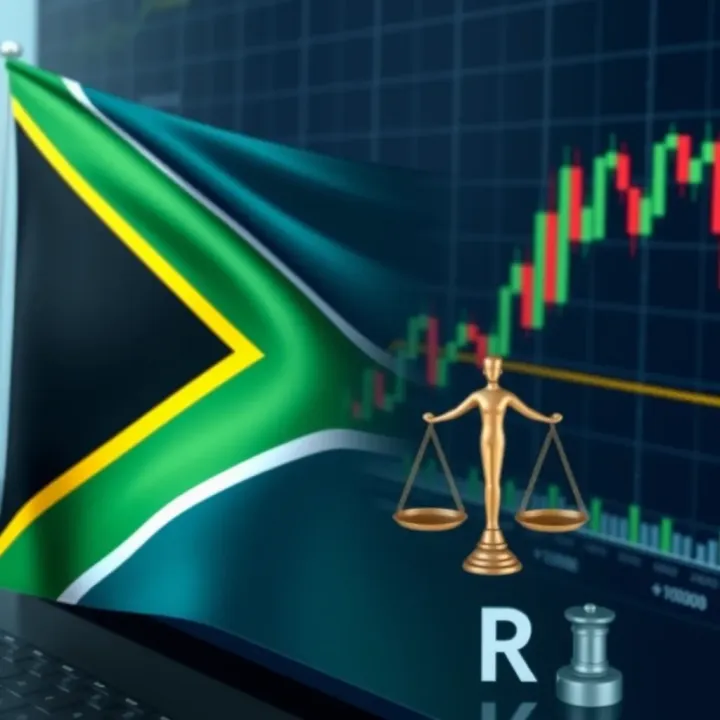 South African flag with forex trading charts and legal icons representing regulation