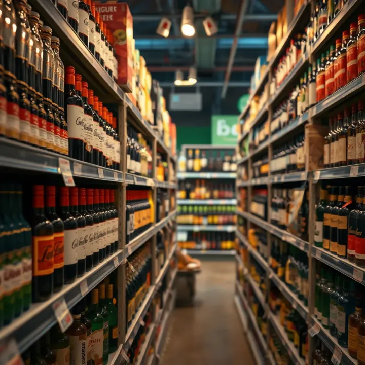 Compliance and Stock Management in Liquor Stores Shelves stocked with various alcoholic beverages highlighting compliance with new operating hours