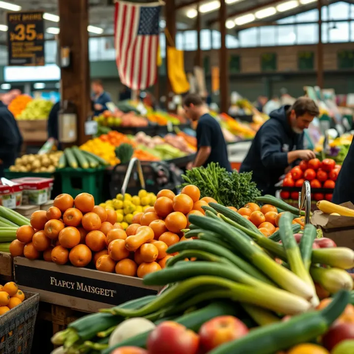 Fresh fruits and vegetables displayed at a bustling Montana market with vendors arranging produce
