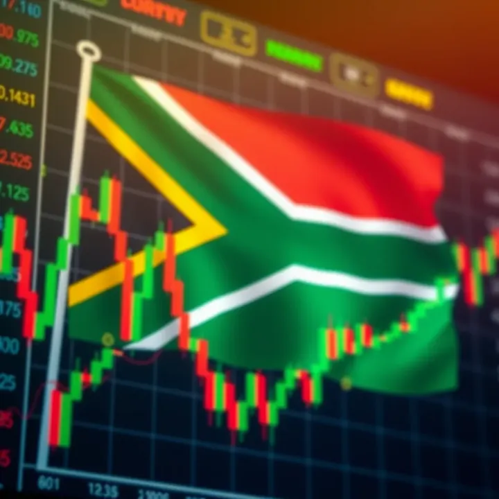 South African flag overlaying a digital forex chart showing currency price movements