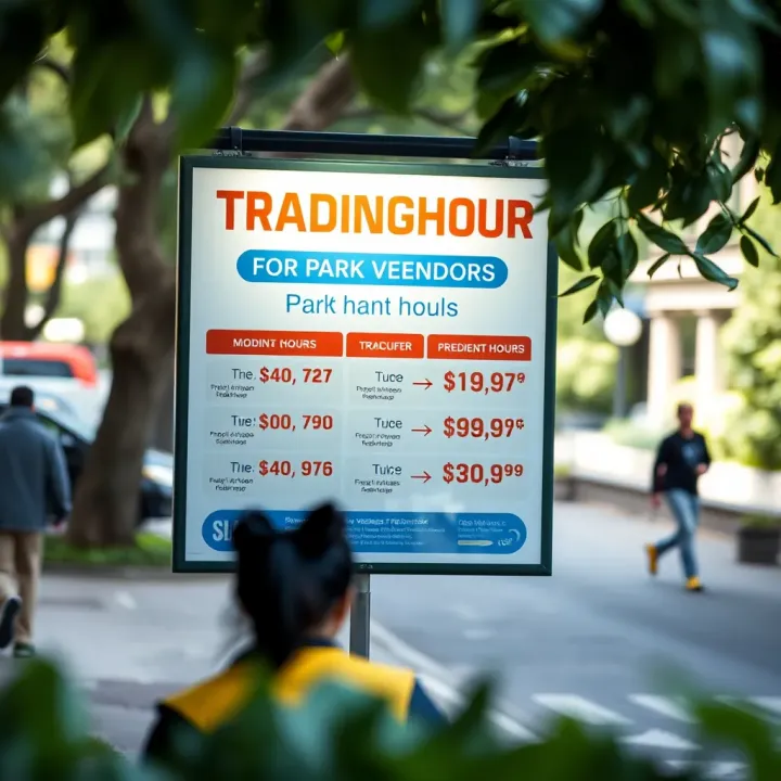 Park notice board displaying trading hours for fruit and vegetable vendors