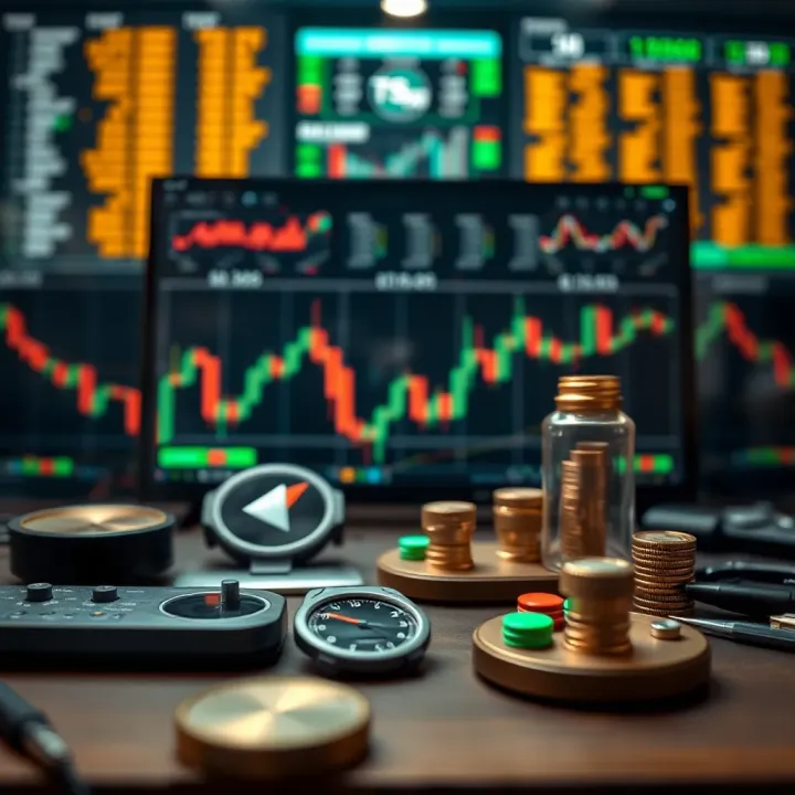 Digital representation of essential forex trading tools and risk management icons