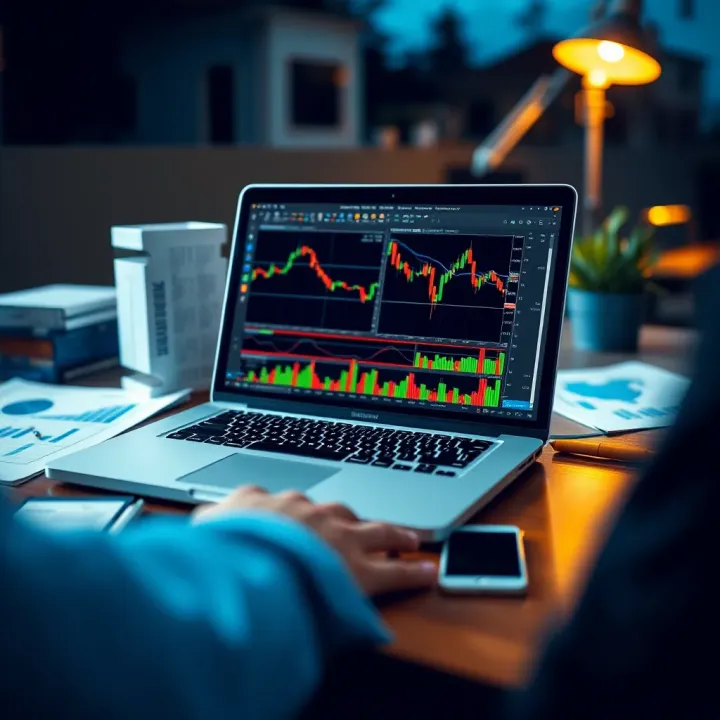 Open laptop displaying forex course modules with notes and charts around it