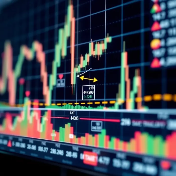 Graph showing fluctuating forex currency rates with indicators pointing out potential trading opportunities