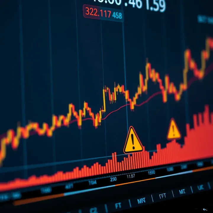 Illustration of a financial chart with upward trends and caution symbols indicating potential risks in binary options trading
