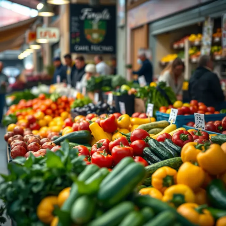 Seasonal fruits and vegetables arranged on market stalls highlighting the impact of seasonal changes on trading hours