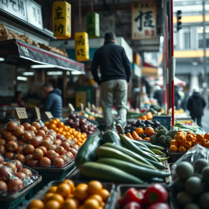 Fresh fruits and vegetables displayed at Tokai Market during early morning trading hours