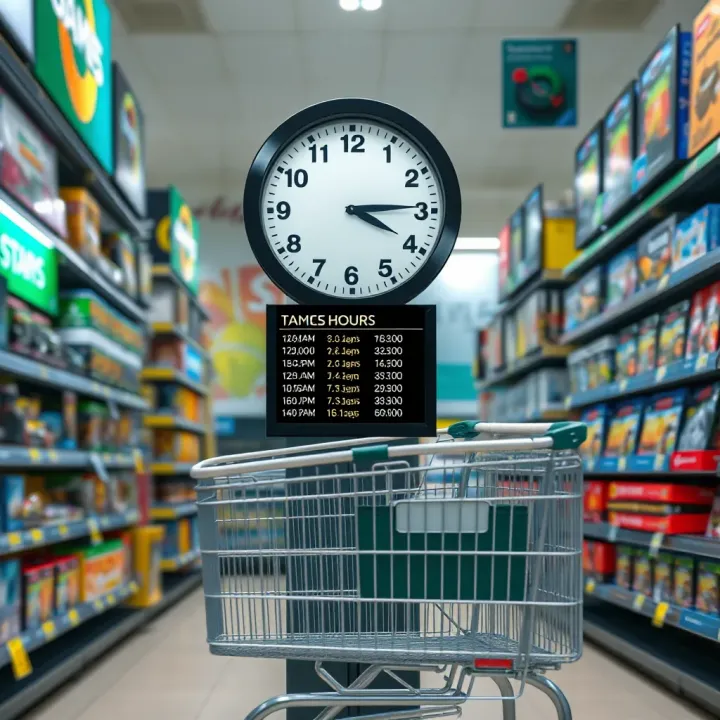 Clock showing typical trading hours with a shopping cart in front of Game store shelves