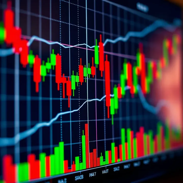 Graph showing fluctuating financial market trends with red and green candlesticks