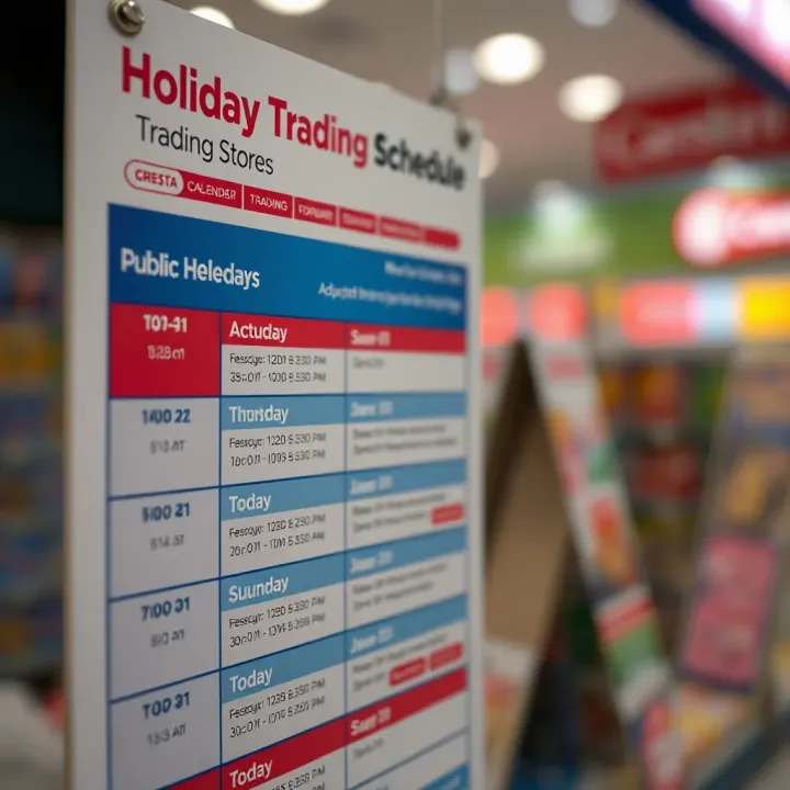 Holiday Trading Schedule for Cresta Game Stores Calendar marking public holidays indicating adjusted store trading times