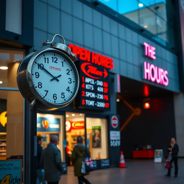 Clock showing opening hours outside a game store in Cresta shopping center